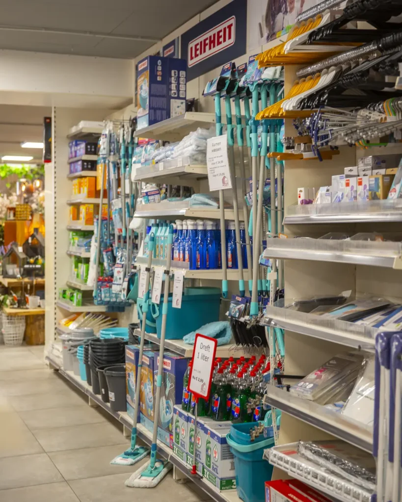 Schappen met huishoudelijke artikelen en keukengerei in Warenhuis Post